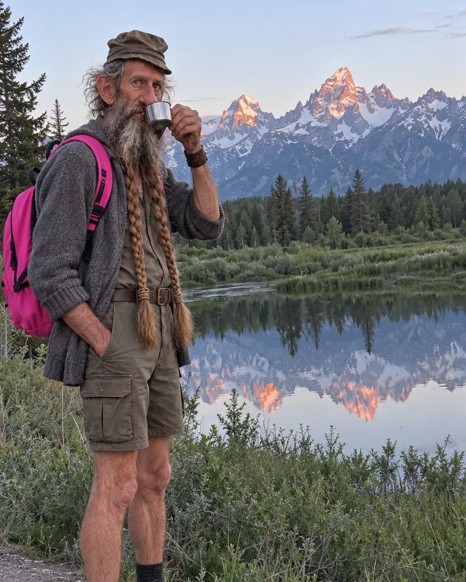 Walter sipping tea from a tin cup at sunrise, pink-lit mountains behind him