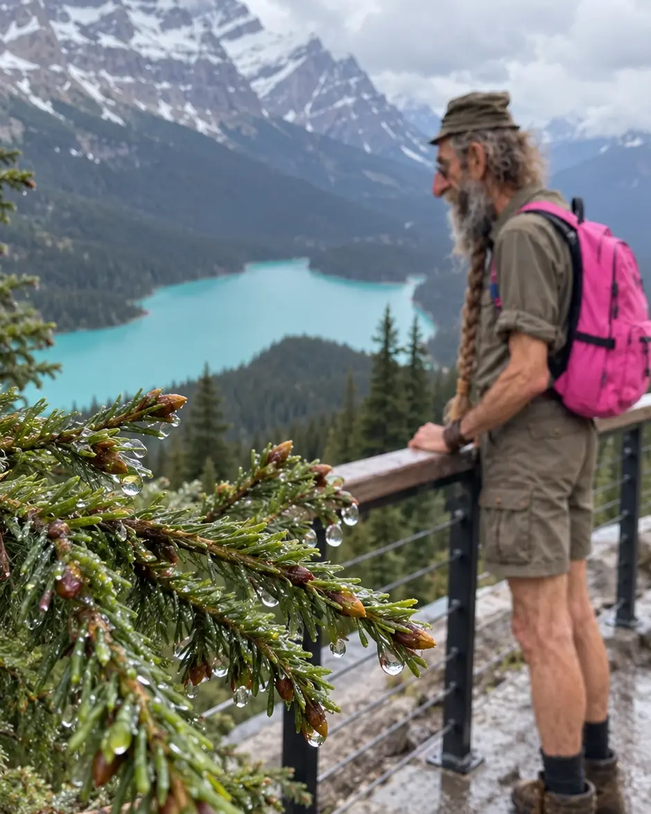 Walter leaning on a rail above a turquoise lake
