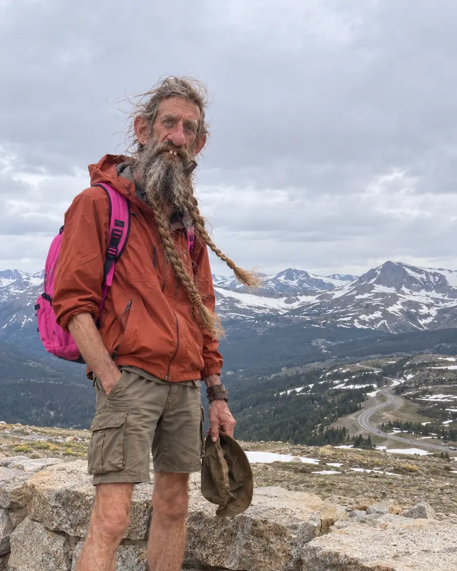 Walter Harbor with his long braided beard, orange jacket and pink backpack, standing on a windy mountain pass above snowy peaks